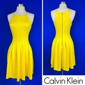 |•CALVIN KLEIN•| Canary Yellow Gold Fit Flare Tank Dress with Pockets!!